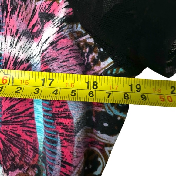 Simon Chang Women XL Abstract Animal Print Sleeveless Sheer Black Ruffle Shirt - Picture 4 of 5